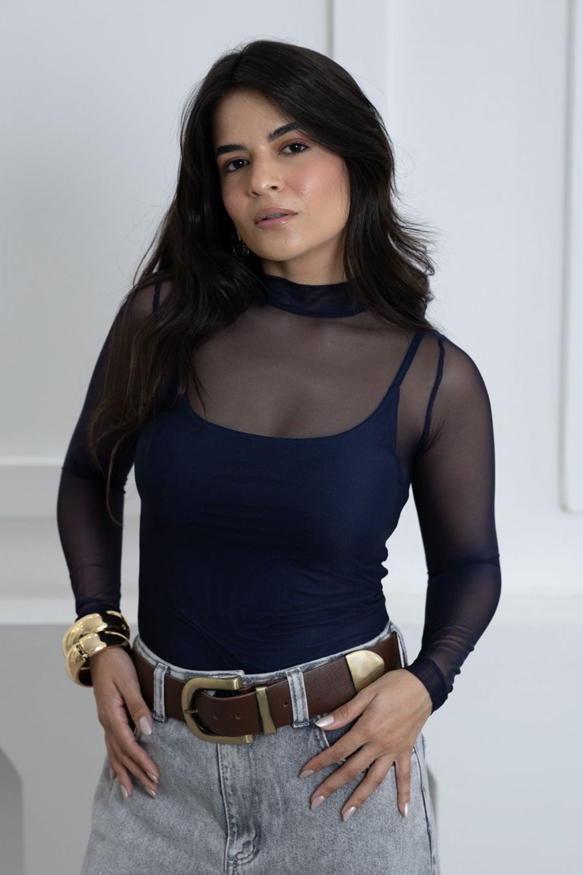 BLUSA DE TULE MANGA LONGA COM REGATA