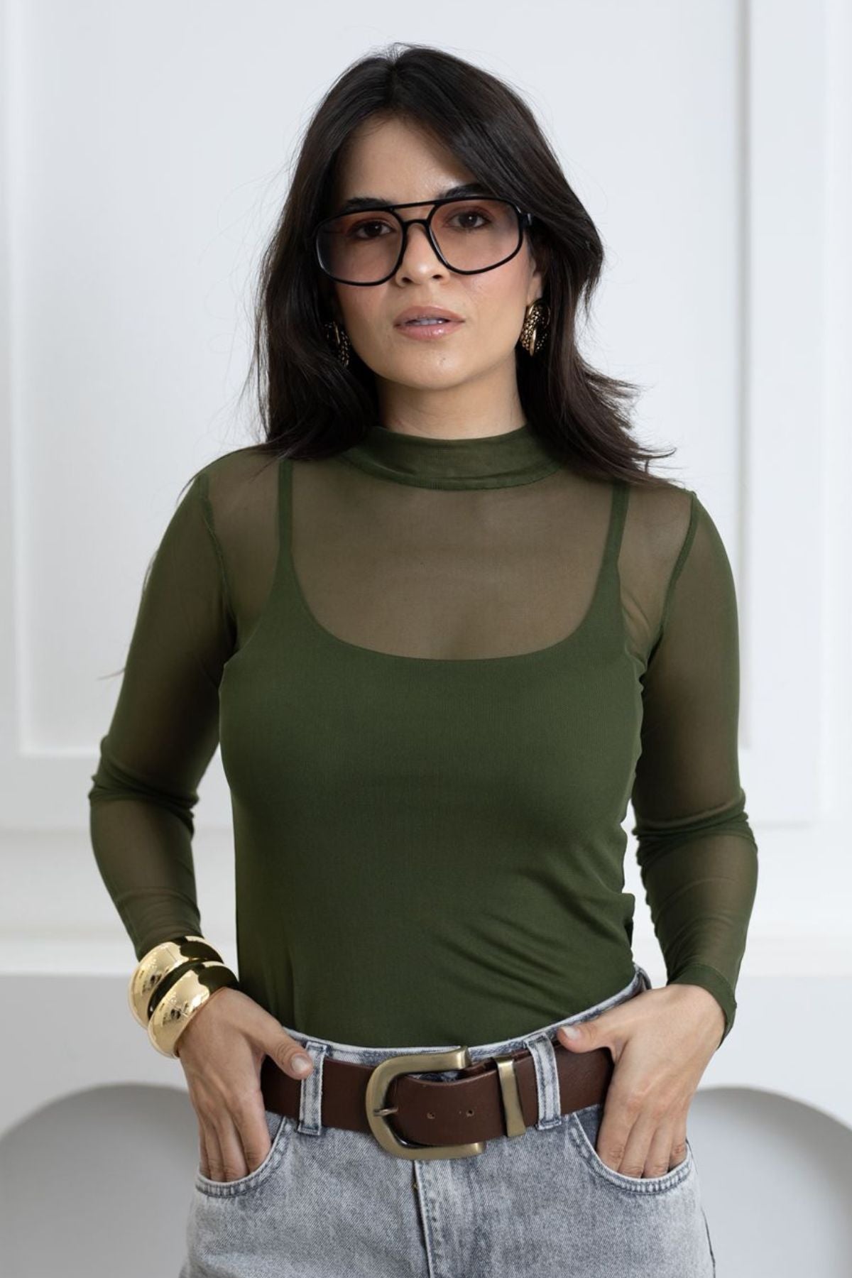 BLUSA DE TULE MANGA LONGA COM REGATA