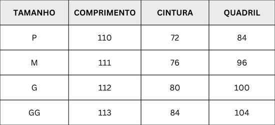 Tabela de medidas - SAIA LONGA MODELO SEREIA
