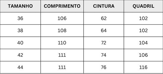 Tabela de medidas - CALÇA JEANS WIDE LEG - MARMORIZADA