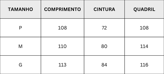 Tabela de medidas - CALÇA LIOCEL DE POÁ