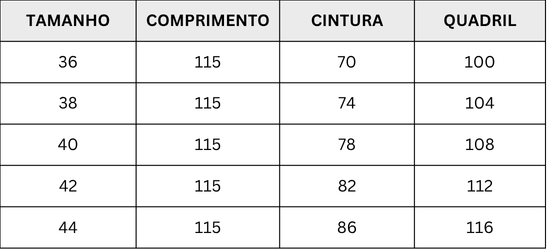 Tabela de medidas - CALÇA WIDE LEG TAXAS
