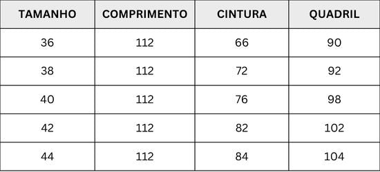 Tabela de medidas - CALÇA JEANS MODELO WIDE LEG COM BOLSO FACA