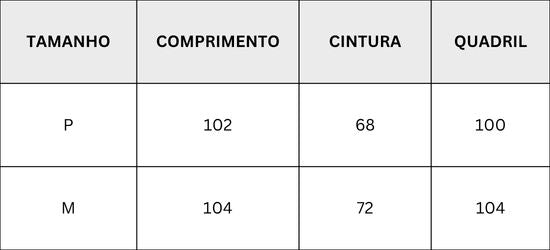 Tabela de medidas - CALÇA DE POÁ SARA