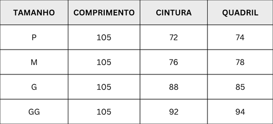 Tabela de medidas - SAIA LONGA MODELO SEREIA