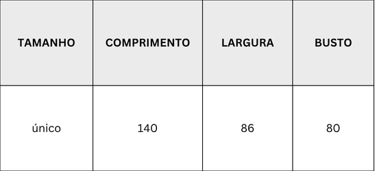 Tabela de medidas - VESTIDO LONGO C/ TULE